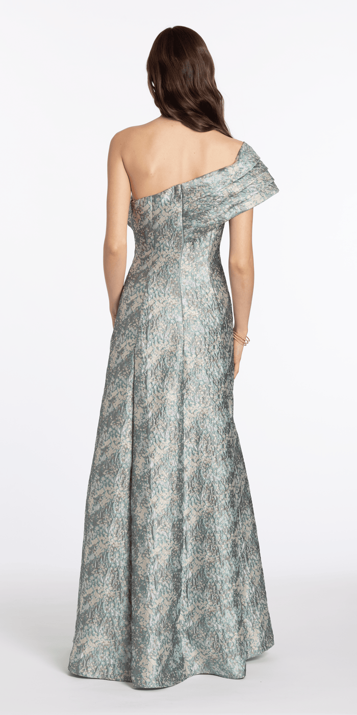 sage/size/4/missy/Camille La Vie/Pleated One Shoulder Floral Brocade A Line Dress/back