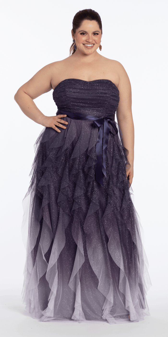 purple/size/14/plus/Camille La Vie/Pleated Strapless Ombre Glitter Mesh A Line Dress/front