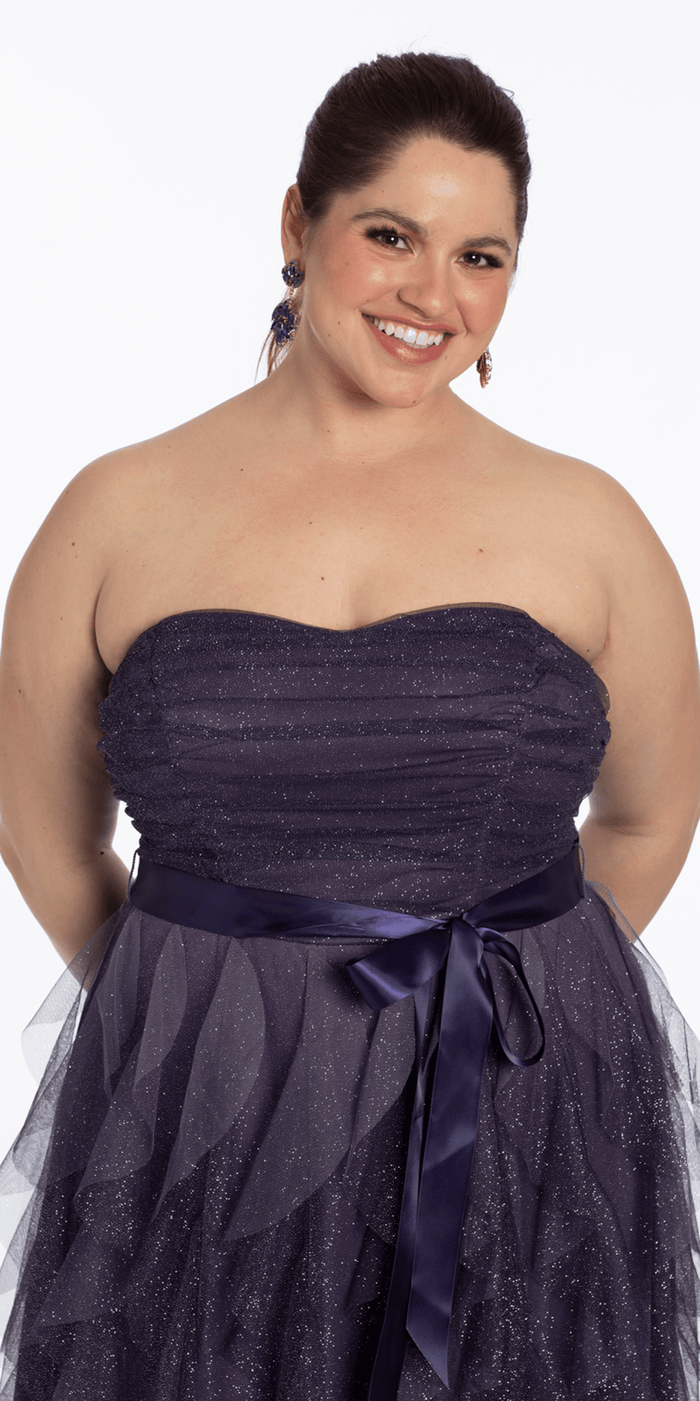 purple/size/14/plus/Camille La Vie/Pleated Strapless Ombre Glitter Mesh A Line Dress/close up