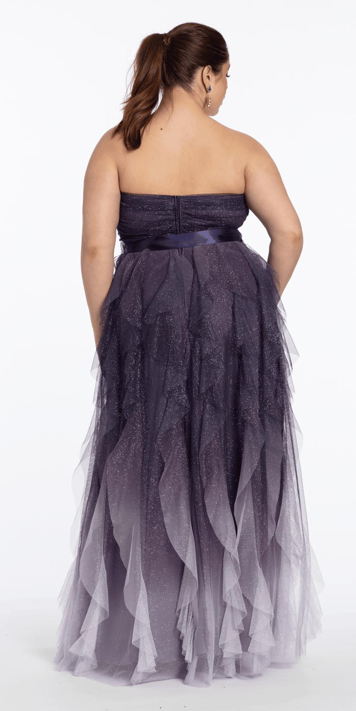 purple/size/14/plus/Camille La Vie/Pleated Strapless Ombre Glitter Mesh A Line Dress/back