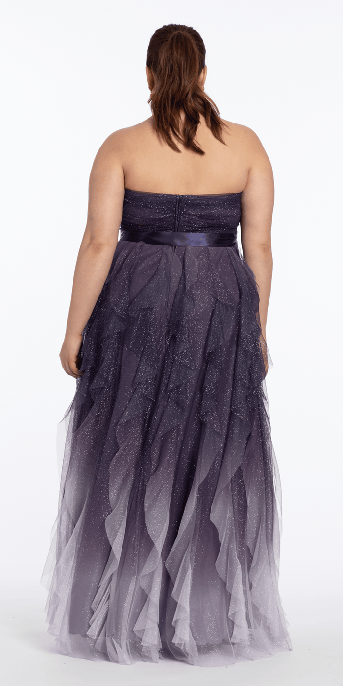 purple/size/14/plus/Camille La Vie/Pleated Strapless Ombre Glitter Mesh A Line Dress/back alt