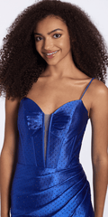 royal-blue/size/4/missy/Camille La Vie/ Plunge Satin Sweetheart Embellished Corset Bodycon Dress/close up at