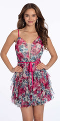 Plunging Floral Tiered Fit and Flare Dress with Satin Tie - Camille La Vie