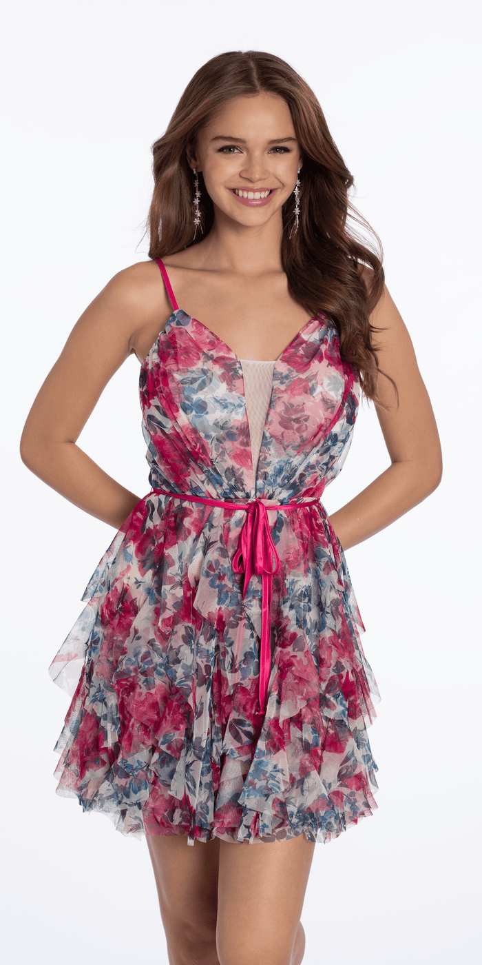 Plunging Floral Tiered Fit and Flare Dress with Satin Tie - Camille La Vie