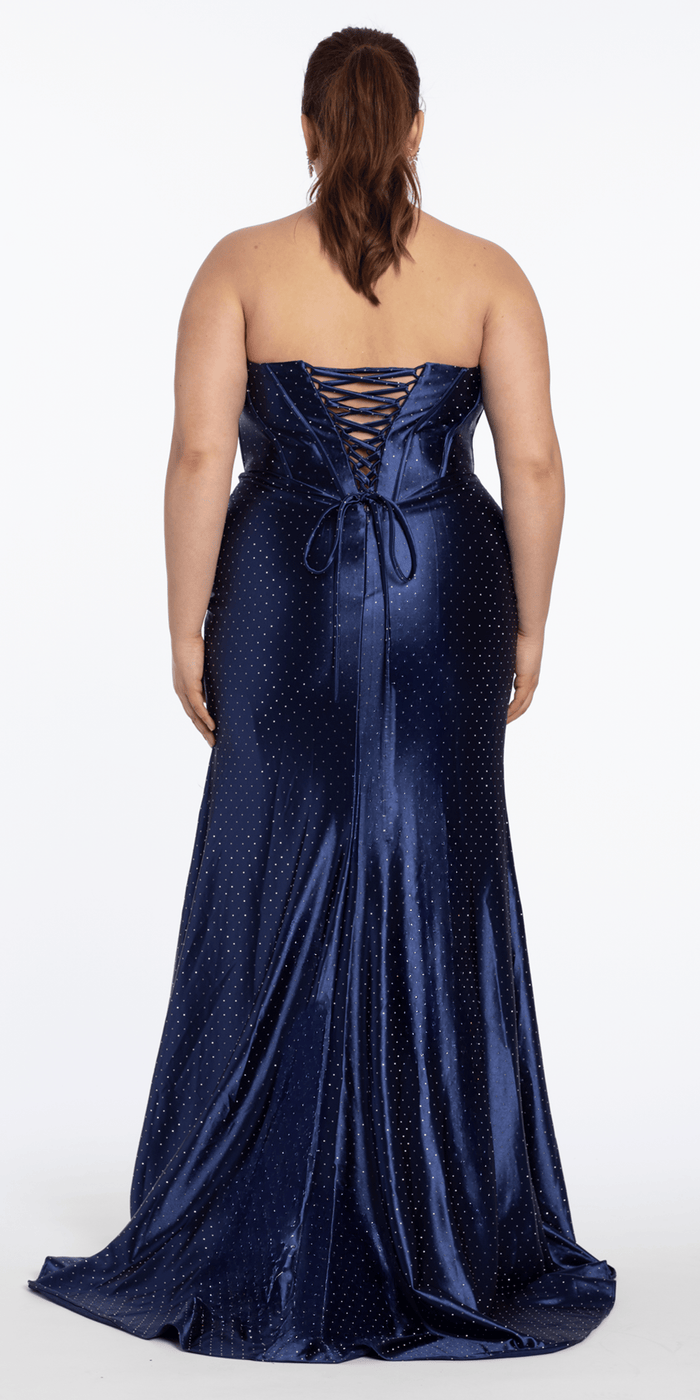 navy/size/14/plus/Camille La Vie/Pointed Rhinestone Satin Strapless Corset Column Dress /back
