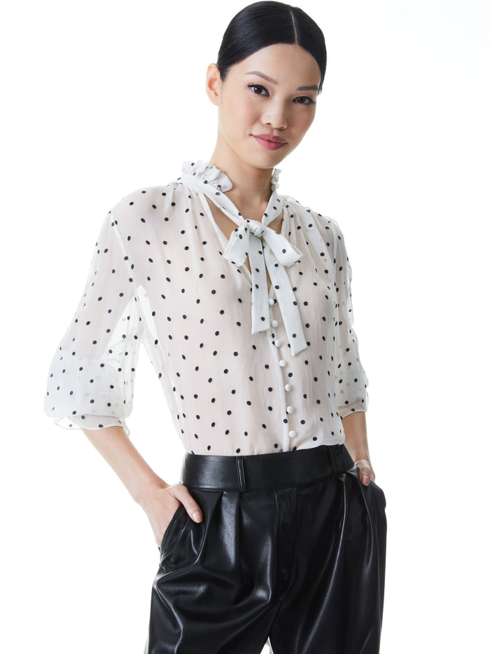 REILLY TIE NECK BLOUSE - CUTIE POLKA DOT ANTIQUE WHITE