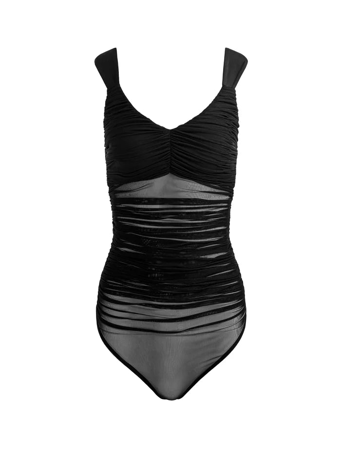 RENEE SHEER RUCHED BODYSUIT - BLACK
