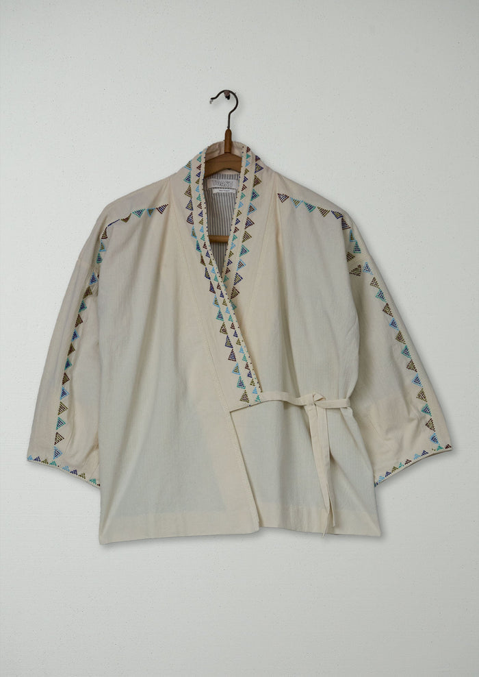 Reworn Hand Beaded Wrap Jacket Size XXSXS (264) | Chalk