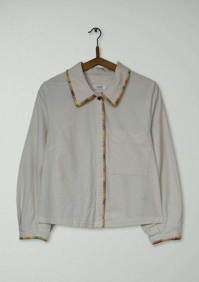 Reworn Mixed Embroidery Textured Cotton Shirt Size 10 (972) | Ecru/Multi