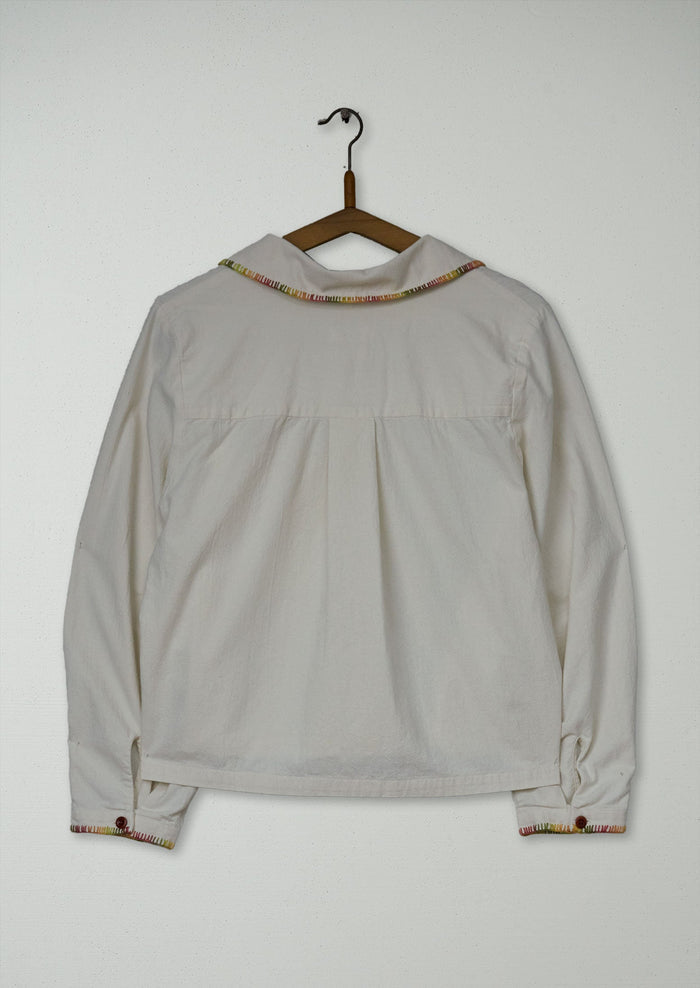 Reworn Mixed Embroidery Textured Cotton Shirt Size 10 (972) | Ecru/Multi