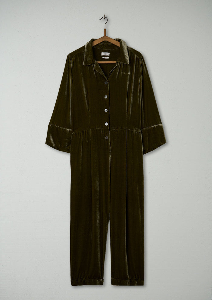 Reworn Silk Velvet Jumpsuit Size 18 (952) | Rich Olive