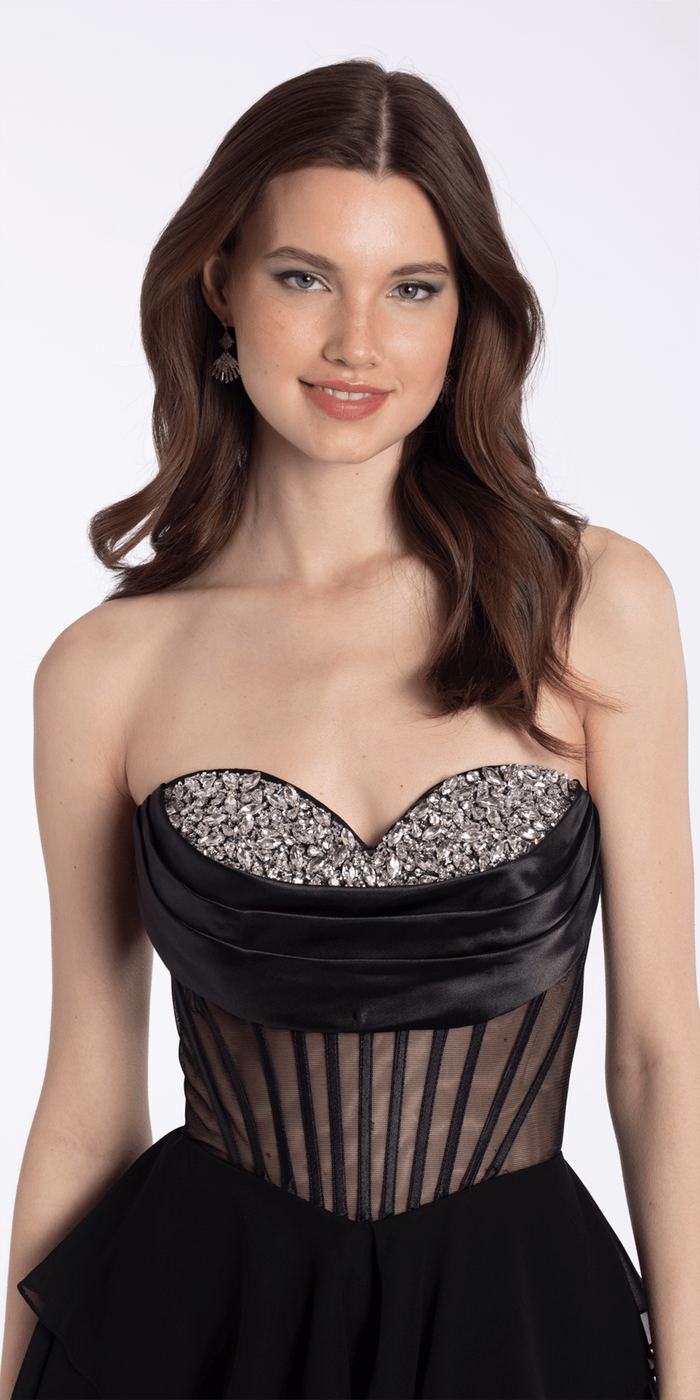 black/size/4/missy/Camille La Vie//Rhinestone Drape Neck Corset Fit and Flare Dress with Chiffon Tiers/close up 2