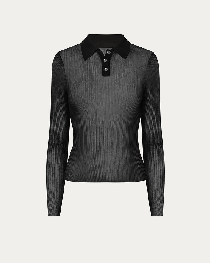 Ribbed Long Sleeve Polo - Black