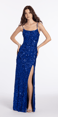 royal-blue/size/4/missy/Camille La Vie/Ribbon Sequin Scoop Mesh Column Dress with Side Slit/front