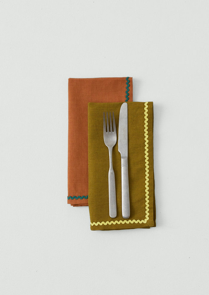 Ric Rac Border Cotton Linen Napkin | Olive/Mimosa