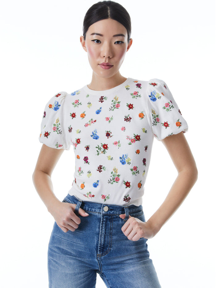 RISA PUFF SLEEVE EMBROIDERED PULLOVER - LATTE