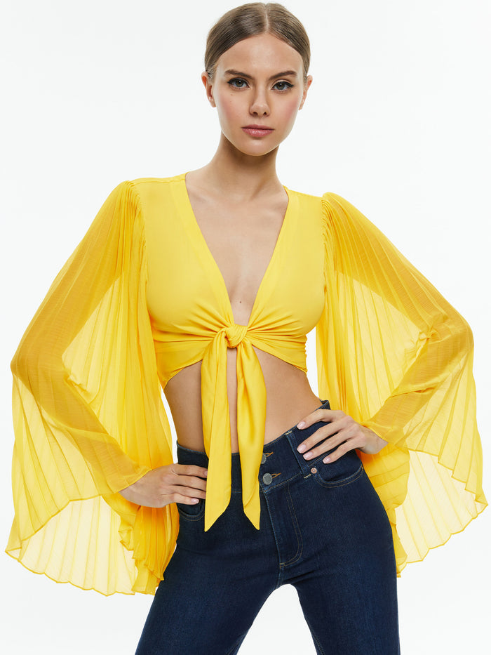 ROCHELLE TIE FRONT PLEATED CROP TOP - HAPPY YELLOW