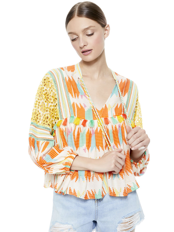 ROSANA TUNIC TOP WITH TASSELS - IKAT MULTI