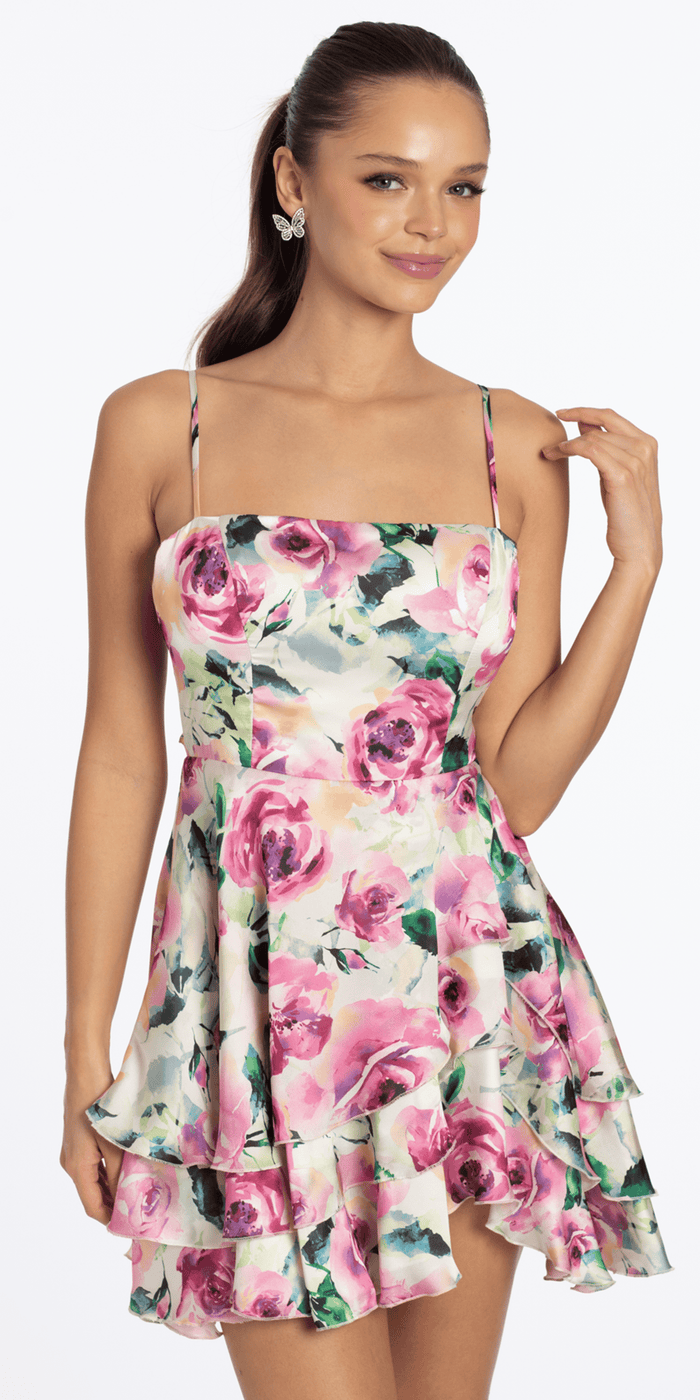 pink/size/s/missy/Camille La Vie/Rose Print Satin Tiered Tie Back Skater Dress /front alt 2