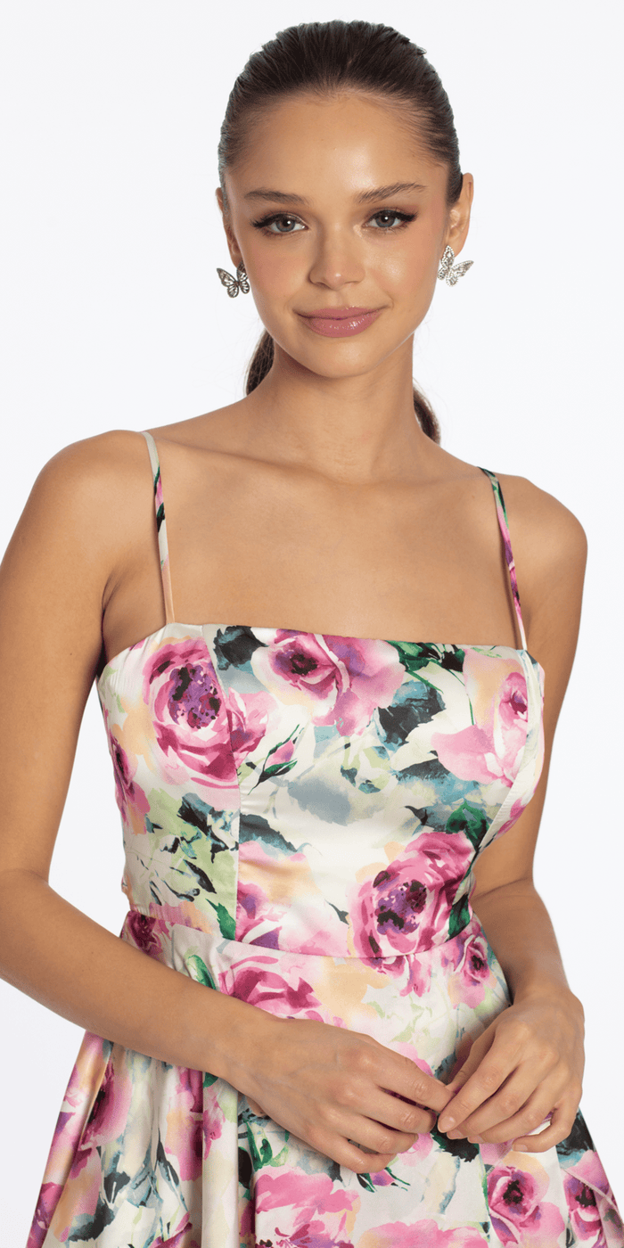 pink/size/s/missy/Camille La Vie/Rose Print Satin Tiered Tie Back Skater Dress /close up