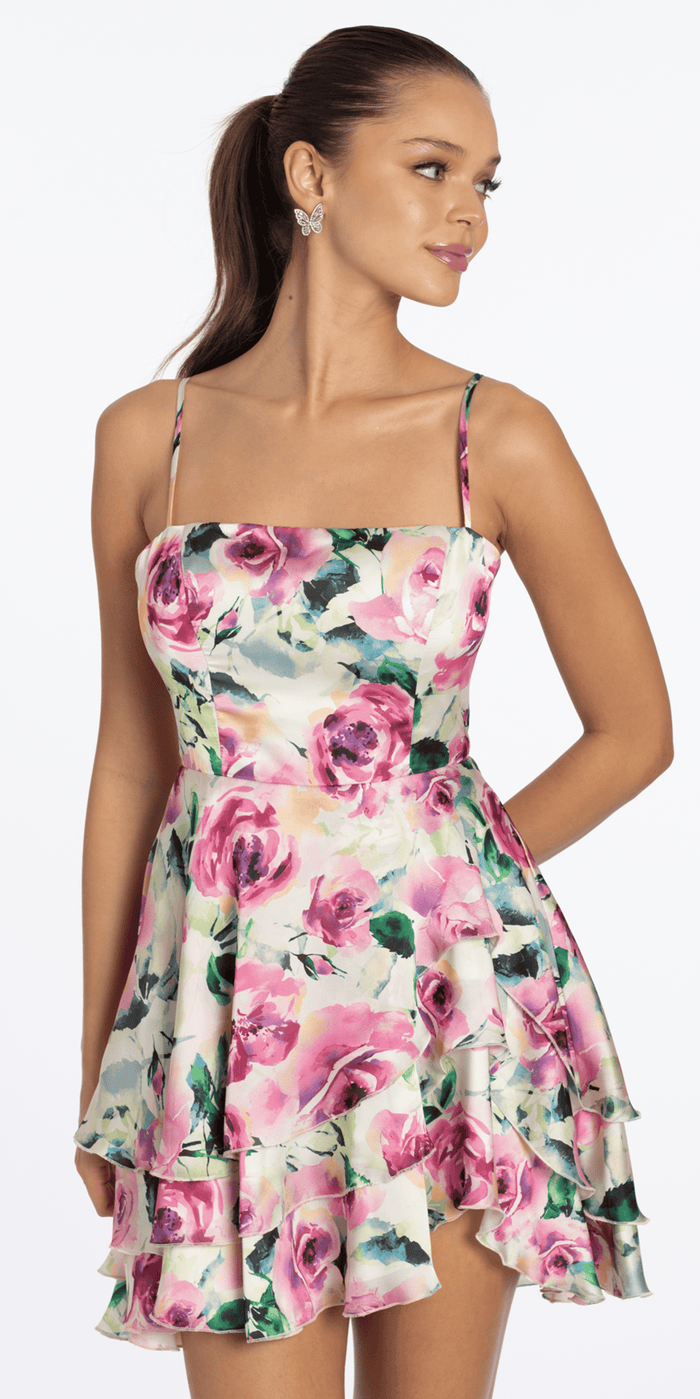 pink/size/s/missy/Camille La Vie/Rose Print Satin Tiered Tie Back Skater Dress /front