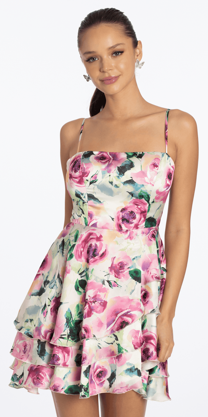 pink/size/s/missy/Camille La Vie/Rose Print Satin Tiered Tie Back Skater Dress /front alt