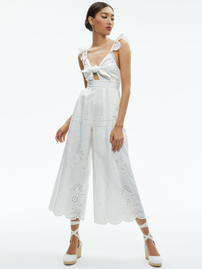 ROSINA TIE FRONT CUTOUT JUMPSUIT - OFF WHITE