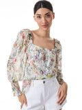 ROWA SMOCKED CUFF SQUARE NECK TOP - FLEUR OFF WHITE/MULTI