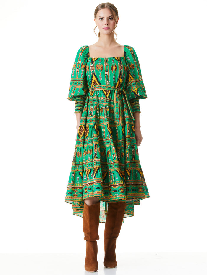 ROWEN SQUARE NECK MIDI DRESS - MYSTIK IKAT DK EMERALD MULTI