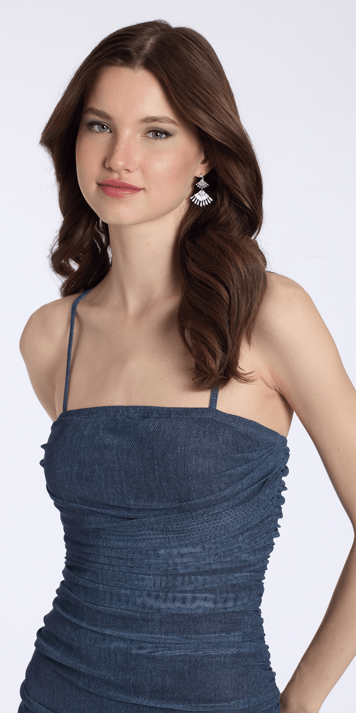 indigo/size/s/missy/Camille La Vie /Ruched Bodycon Dress with Adjustable Spaghetti Straps/close up