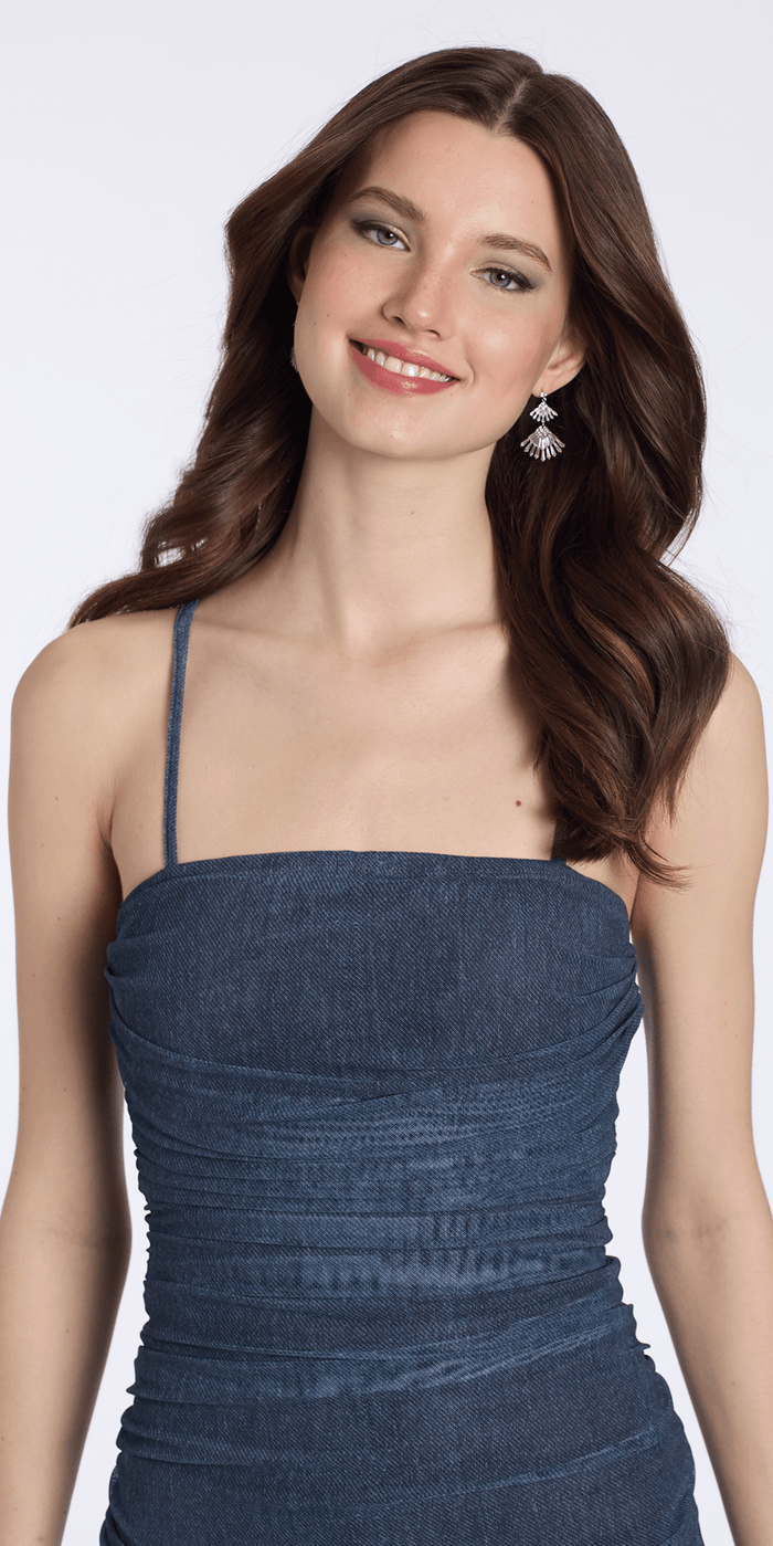 indigo/size/s/missy/Camille La Vie /Ruched Bodycon Dress with Adjustable Spaghetti Straps/close up 2