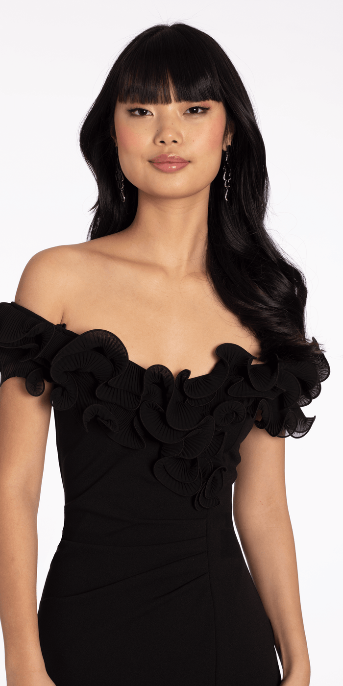Ruffle Off the Shoulder Crepe Midi Dress with Ruching - Camille La Vie