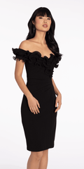 Ruffle Off the Shoulder Crepe Midi Dress with Ruching - Camille La Vie