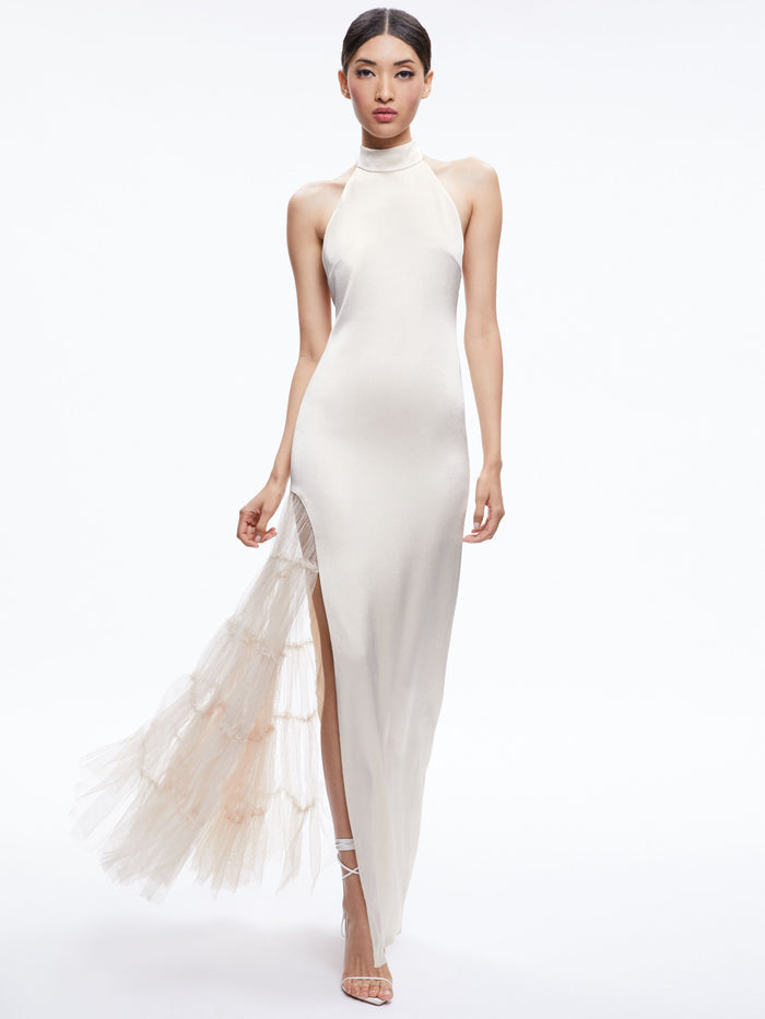 RYN SLIT TULLE PANEL MAXI DRESS - CHAMPAGNE