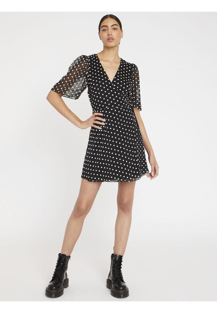 SANDRA FLORAL WRAP MINI DRESS - BLACK/WHITE
