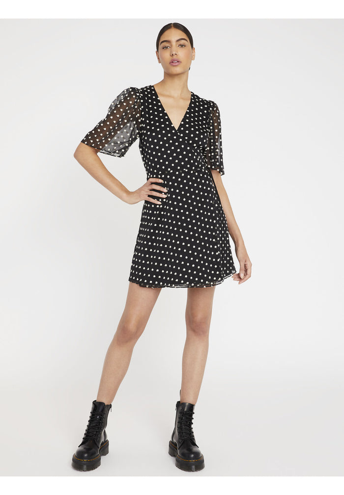 SANDRA FLORAL WRAP MINI DRESS - BLACK/WHITE