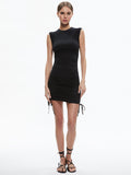 SARETTA RUCHED SIDE CREW NECK DRESS - BLACK