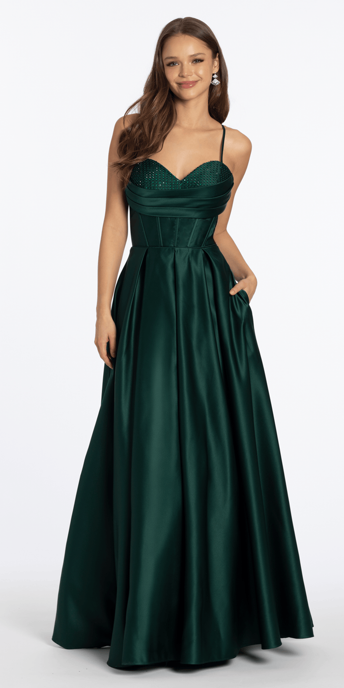 hunter-green/size/4/missy/Camille La Vie/Satin Beaded Drape Corset Ballgown with Side Pockets /front