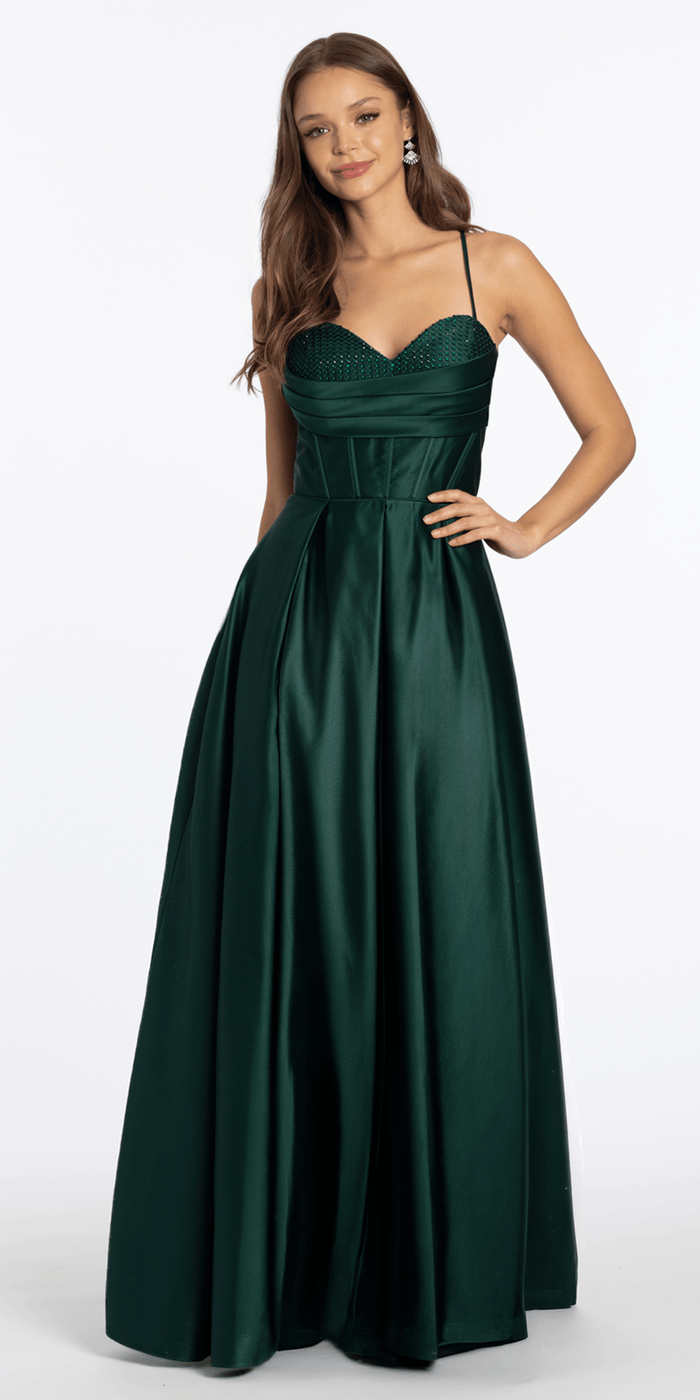 Satin Beaded Drape Corset Ballgown with Side Pockets - Camille La Vie