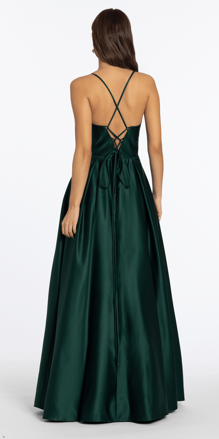 hunter-green/size/4/missy/Camille La Vie/Satin Beaded Drape Corset Ballgown with Side Pockets/back