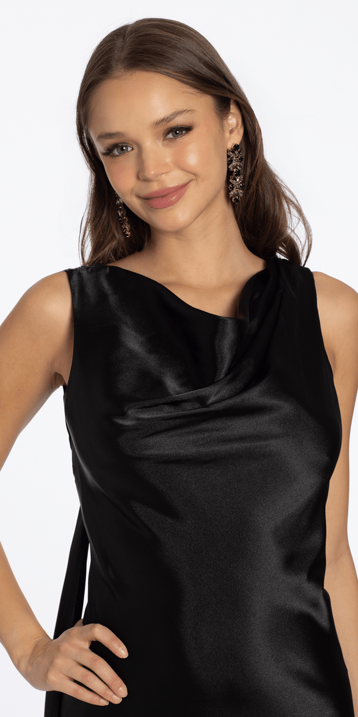 Satin Cowl Neck Open Back Column Dress - Camille La Vie