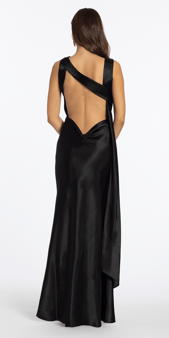 Satin Cowl Neck Open Back Column Dress - Camille La Vie