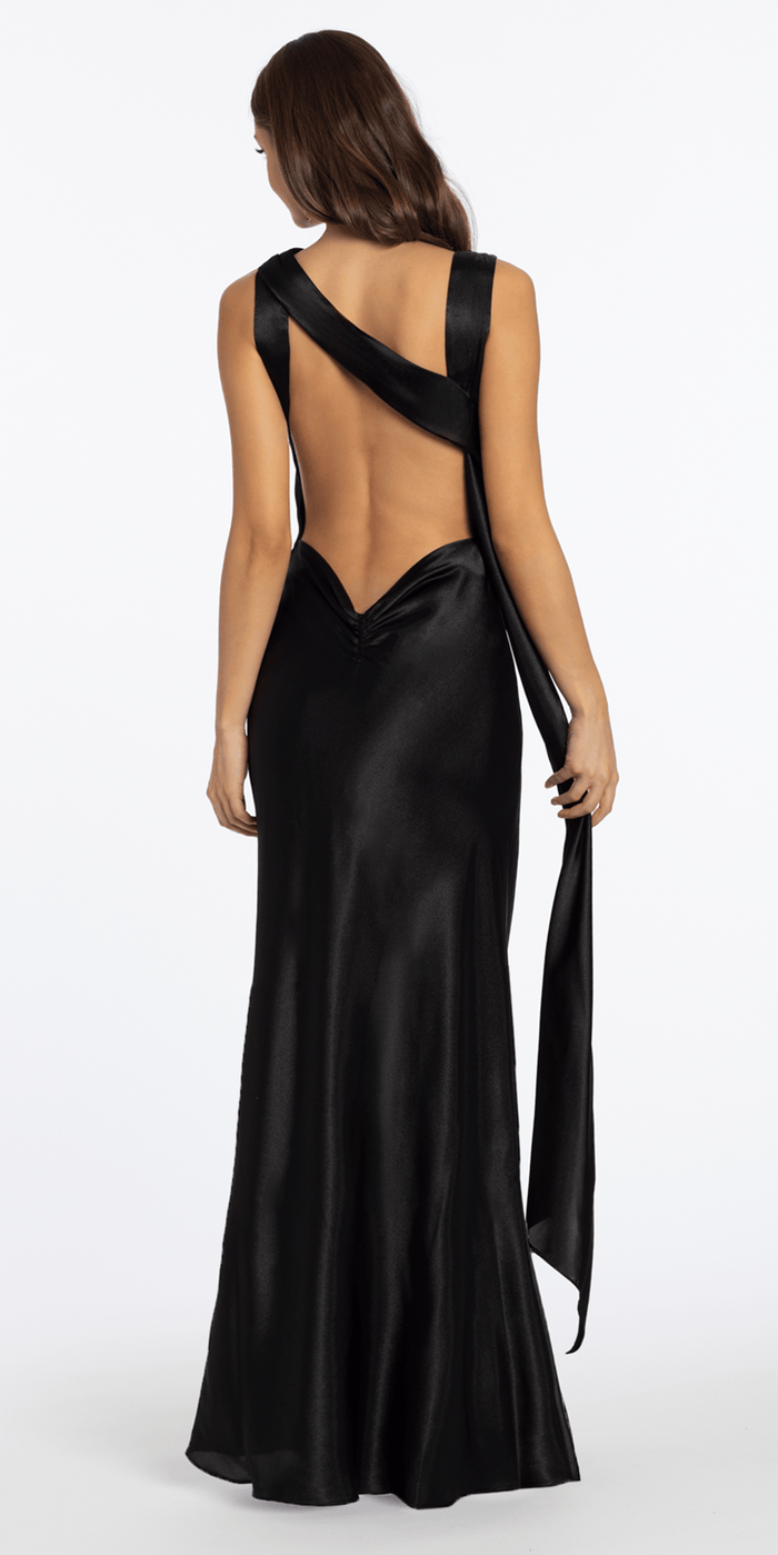 Satin Cowl Neck Open Back Column Dress - Camille La Vie