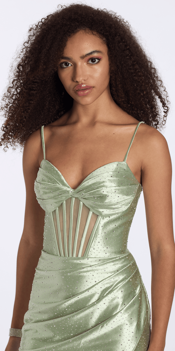 Camille La Vie Satin Embellished Twist Bodice Corset Bodycon Dress