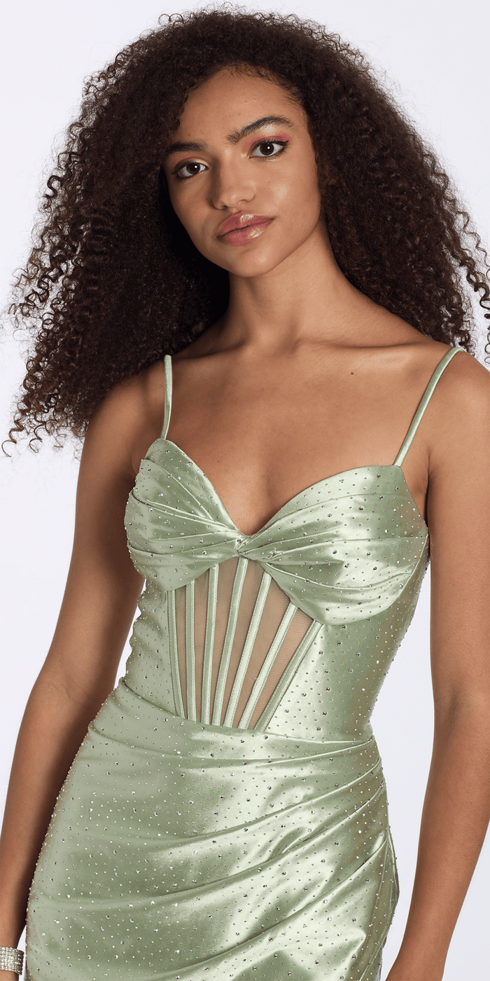 Camille La Vie Satin Embellished Twist Bodice Corset Bodycon Dress