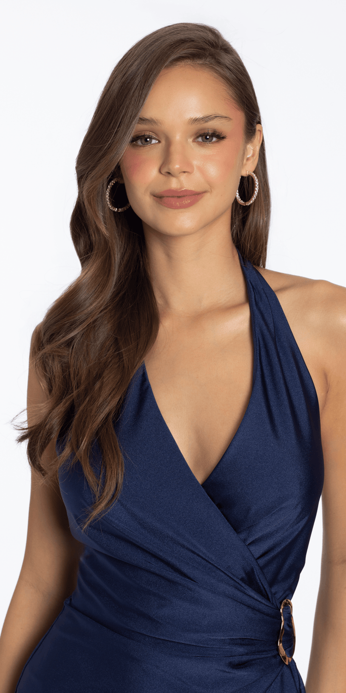 navy/size/s/missy/Camille La Vie/Satin Halter Drape Bodycon Dress with Metal Accent /close up 2