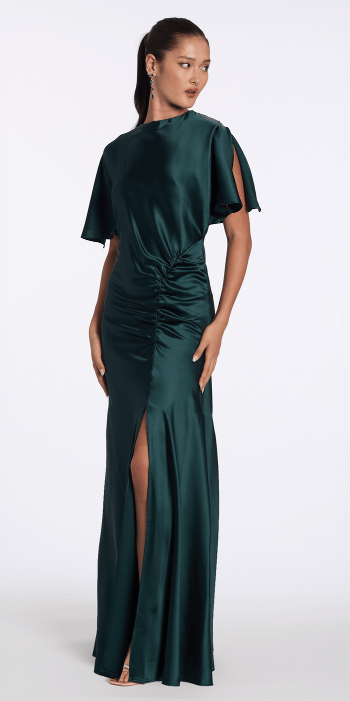 Camille La Vie Satin Jewel Neck Flutter Sleeve Column Dress with Side Slit missy / 2 / pine-green