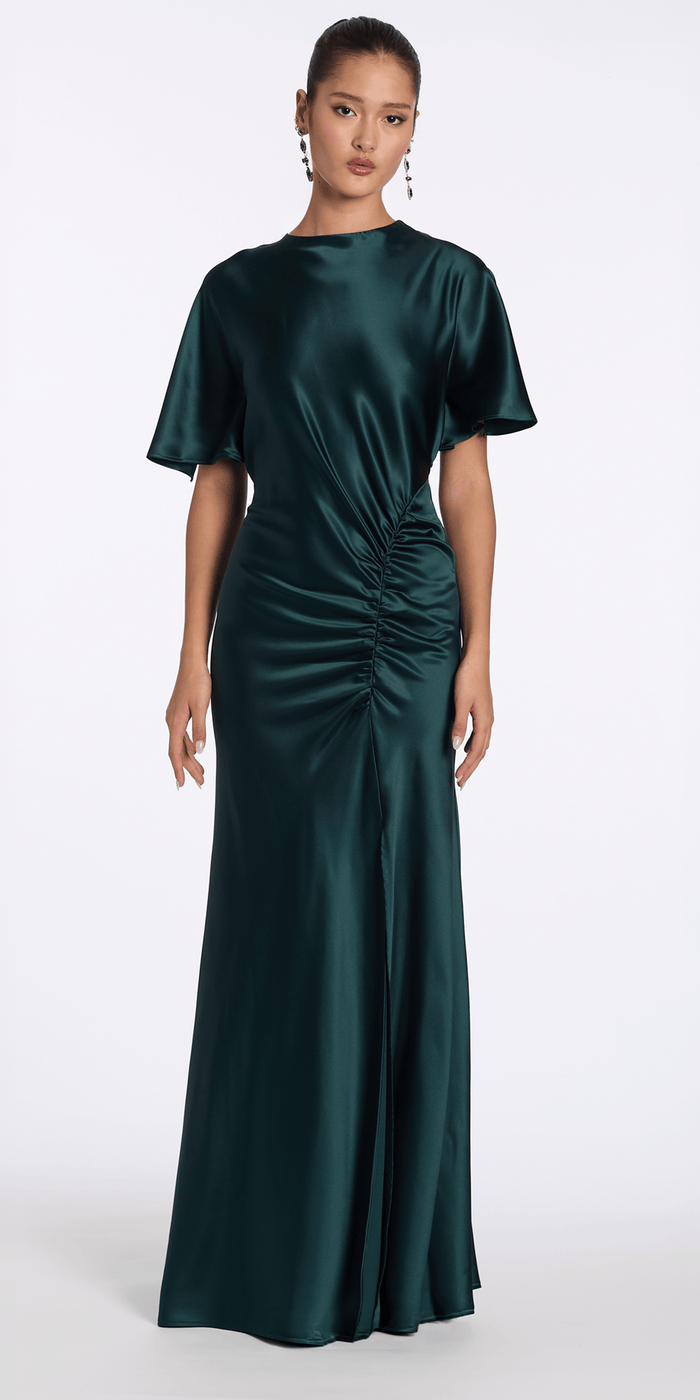 Camille La Vie Satin Jewel Neck Flutter Sleeve Column Dress with Side Slit
