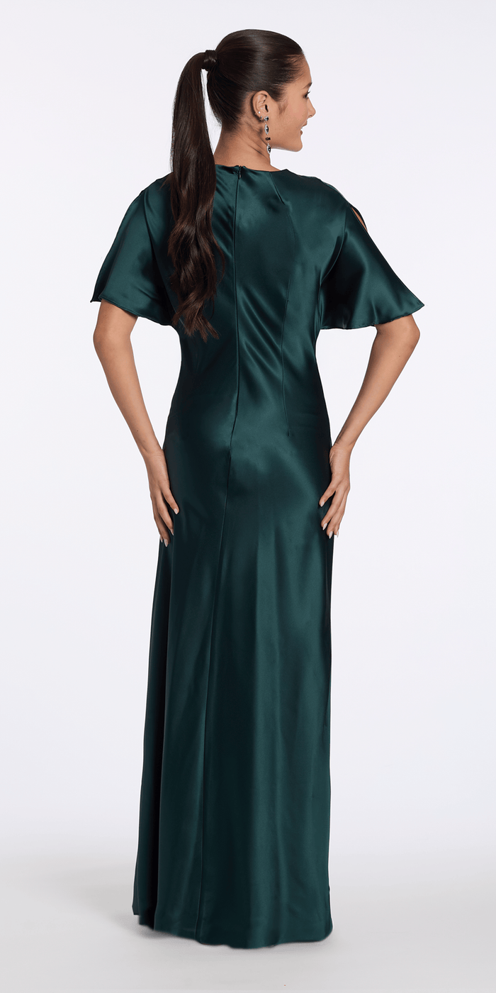 Camille La Vie Satin Jewel Neck Flutter Sleeve Column Dress with Side Slit