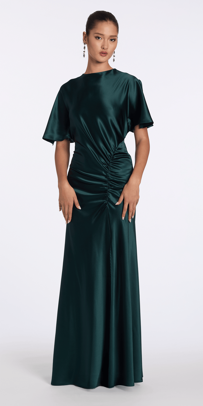Camille La Vie Satin Jewel Neck Flutter Sleeve Column Dress with Side Slit
